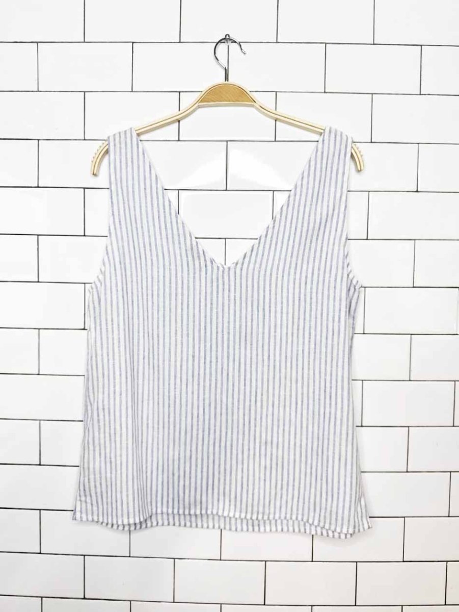 cream linen-blend v-neck blue stripe tank - good market thrift store
