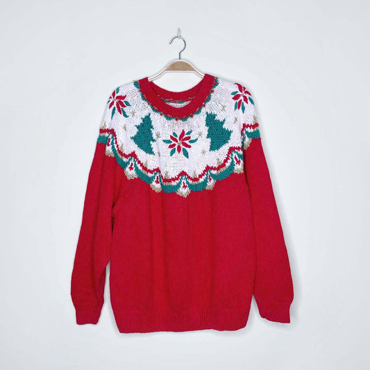 vintage hand-knit holiday tree yoke knitted sweater - size large