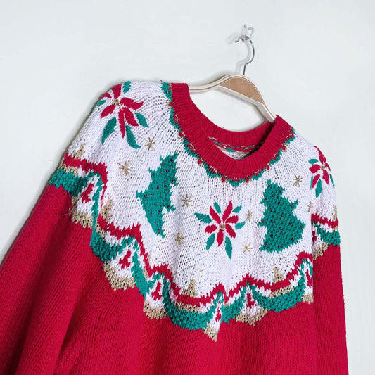 vintage hand-knit holiday tree yoke knitted sweater - size large