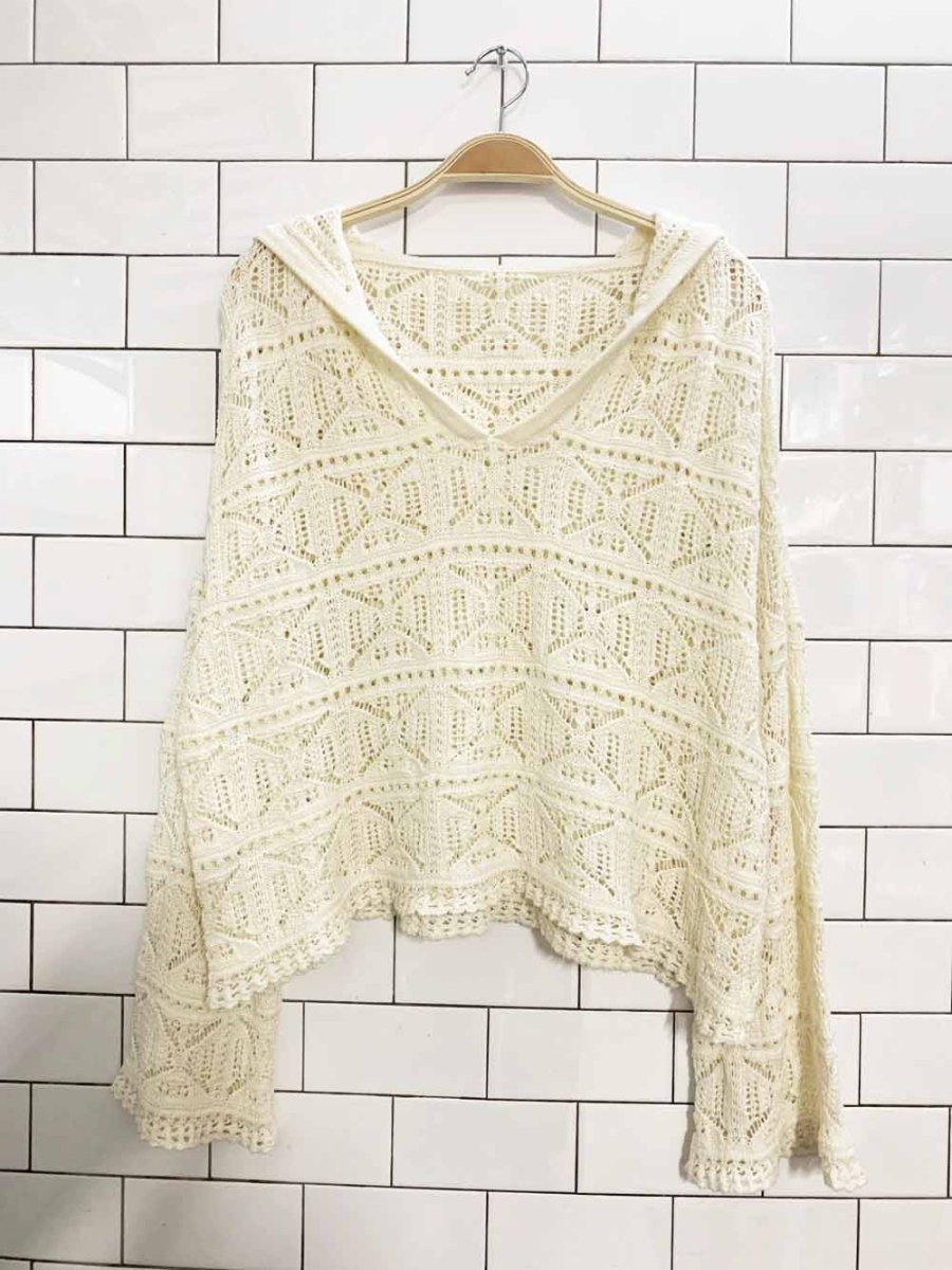 crochet knit boho flare sleeve v - neck hoodie - good market thrift store