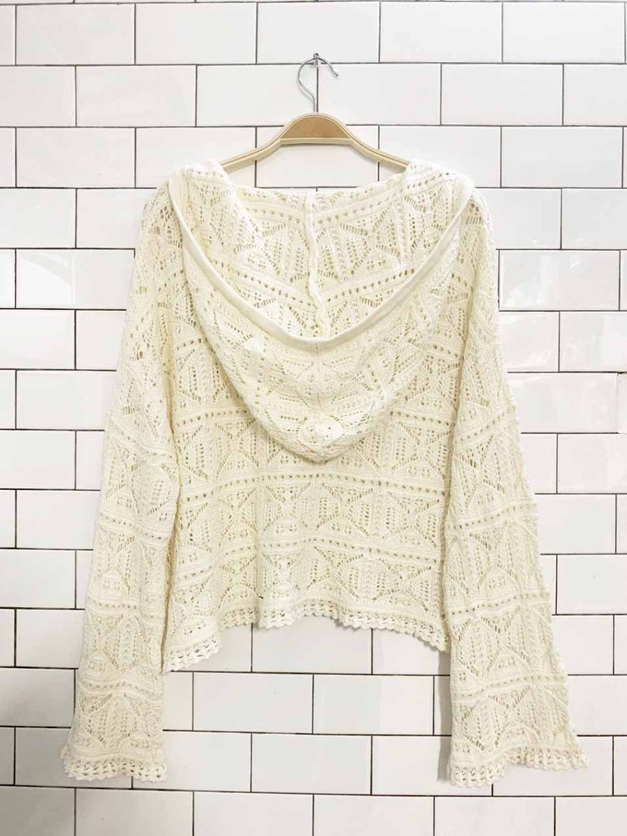 crochet knit boho flare sleeve v - neck hoodie - good market thrift store