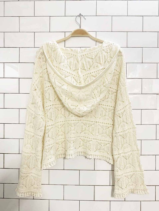 crochet knit boho flare sleeve v - neck hoodie - good market thrift store