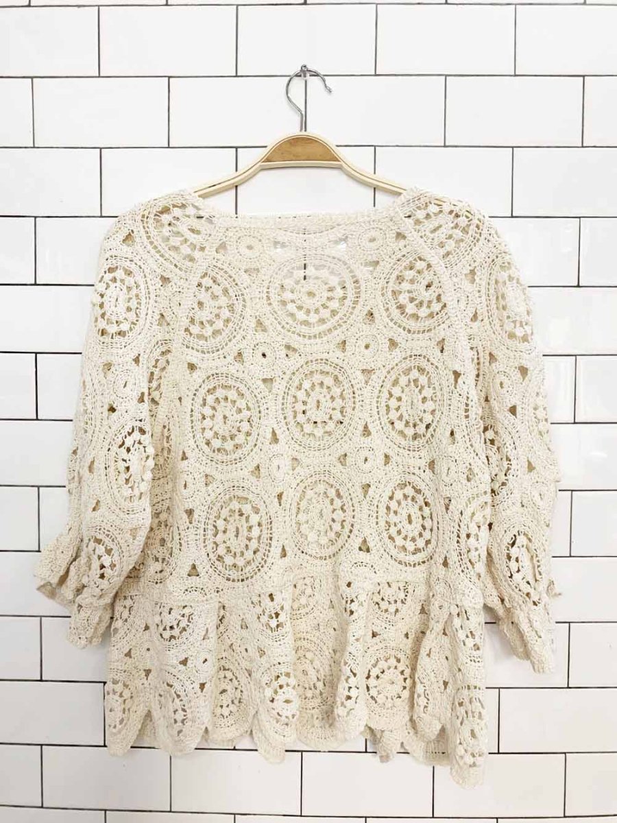 crochet knit boxy peplum hem puff sleeve top - good market thrift store