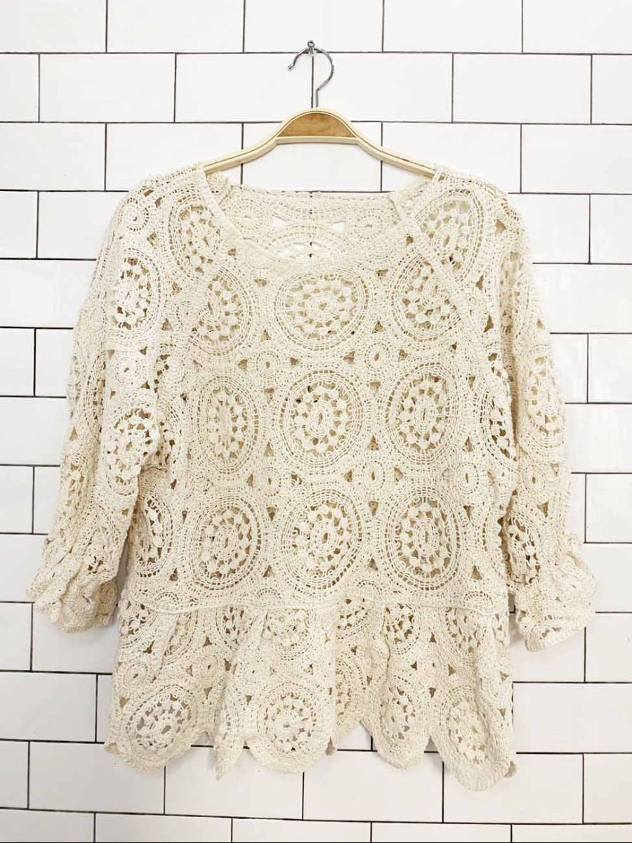 crochet knit boxy peplum hem puff sleeve top - good market thrift store