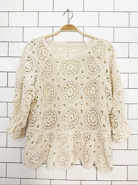 crochet knit boxy peplum hem puff sleeve top - good market thrift store