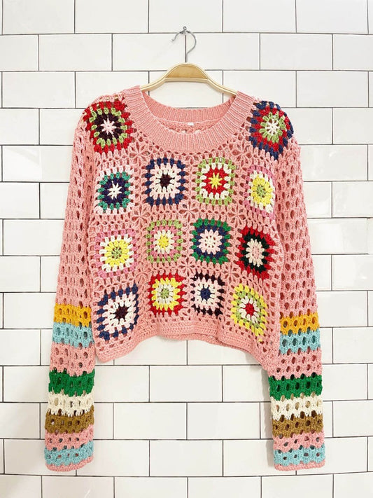 crochet knit granny square cropped summer sweater - good market thrift store