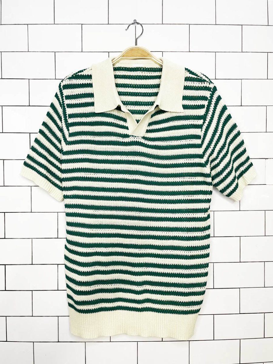 crochet knit green stripe resort polo - good market thrift store