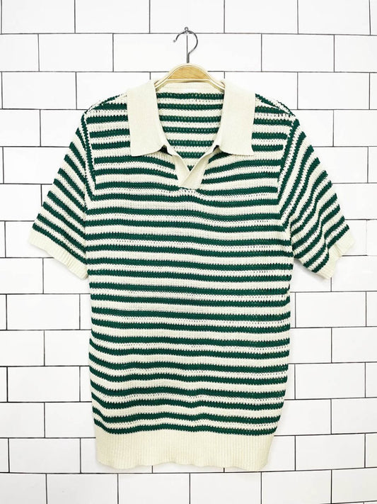 crochet knit green stripe resort polo - good market thrift store