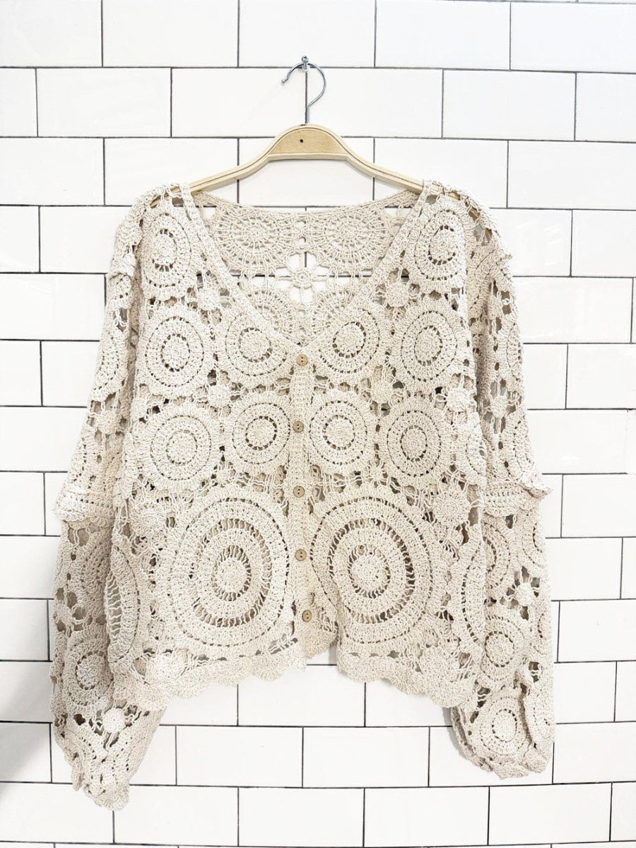 crochet wood button balloon sleeve cardigan - good market thrift store