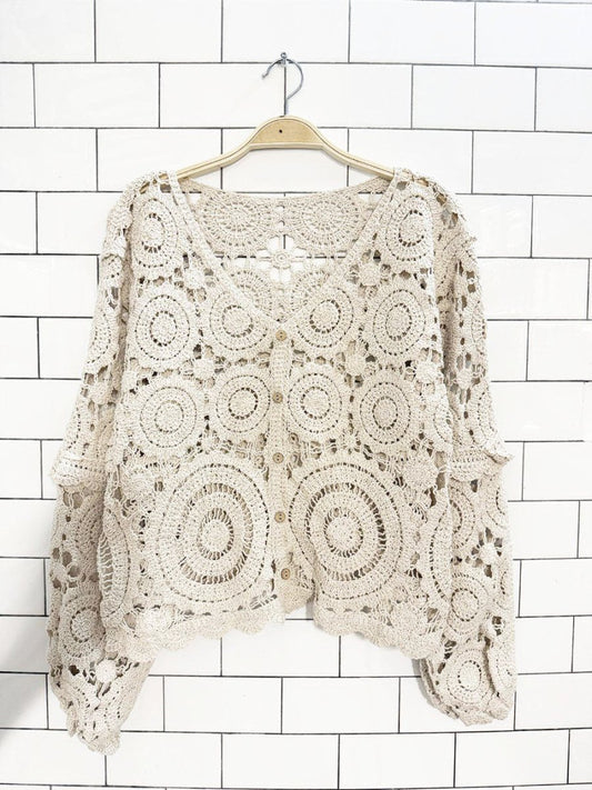 crochet wood button balloon sleeve cardigan - good market thrift store