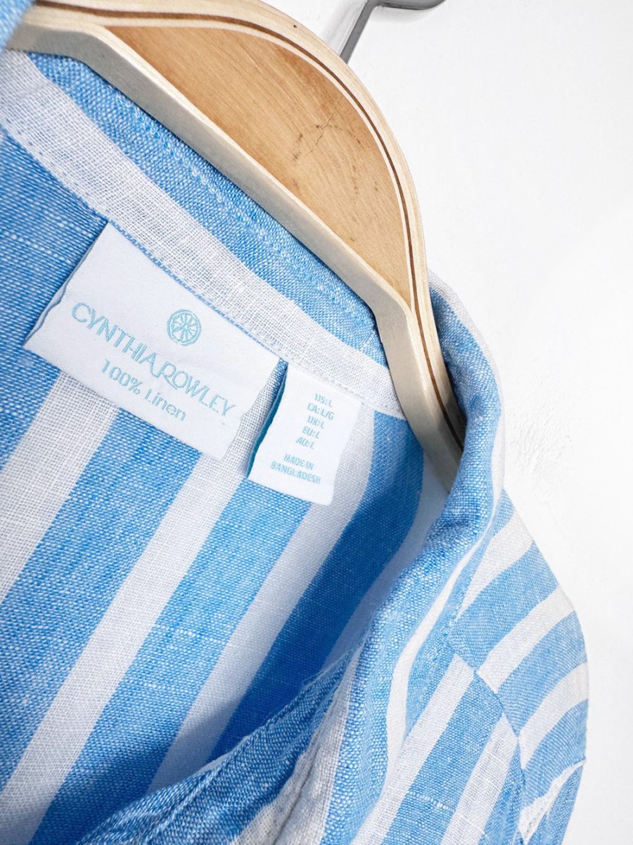 cynthia rowley 100% linen boxy cropped blue stripe full button shirt - good market thrift store