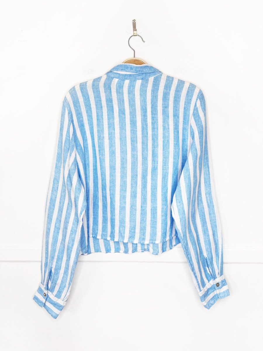 cynthia rowley 100% linen boxy cropped blue stripe full button shirt - good market thrift store