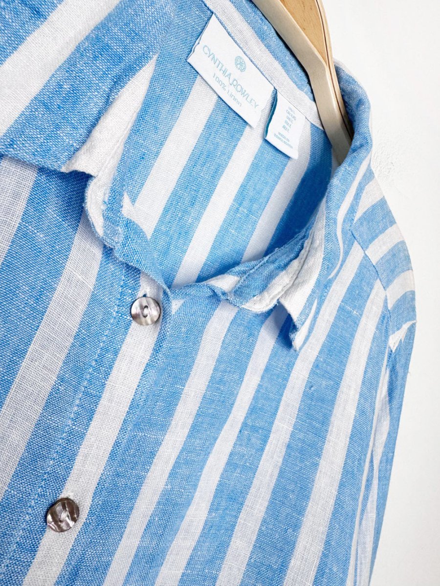 cynthia rowley 100% linen boxy cropped blue stripe full button shirt - good market thrift store