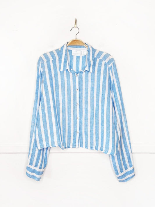 cynthia rowley 100% linen boxy cropped blue stripe full button shirt - good market thrift store