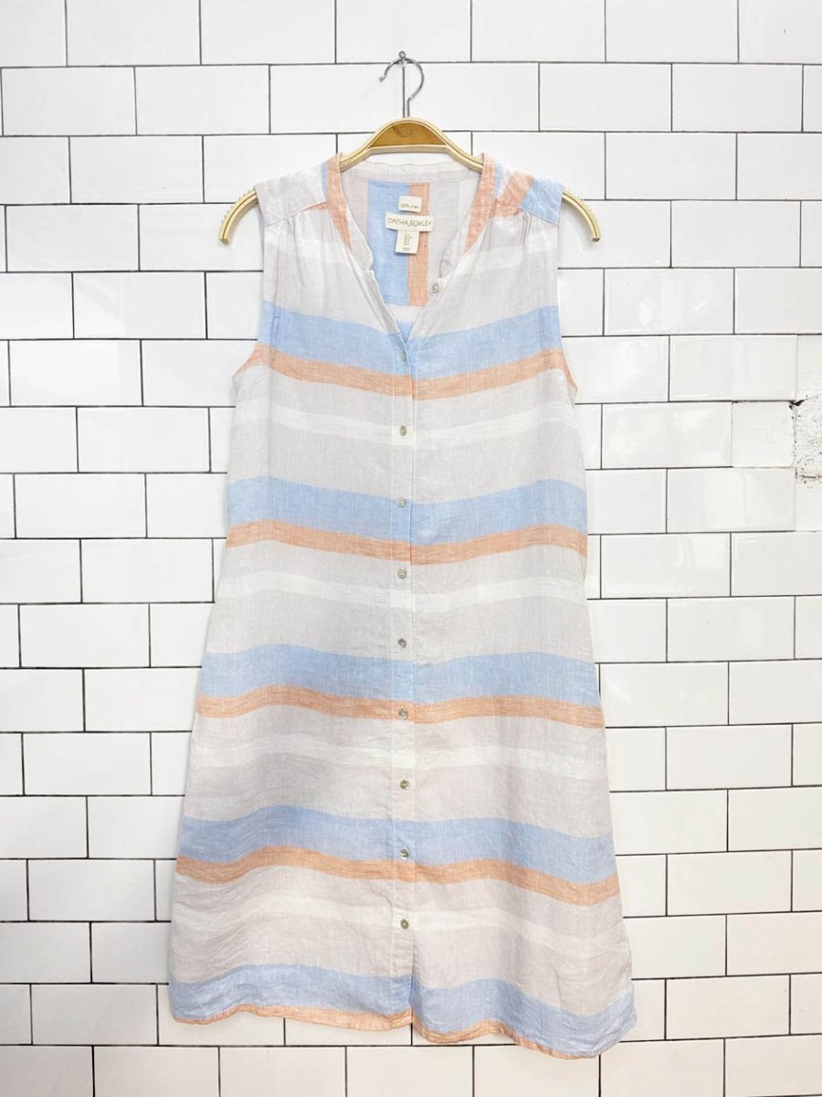 cynthia rowley 100% linen striped sleeveless shirt midi dress - good market thrift store