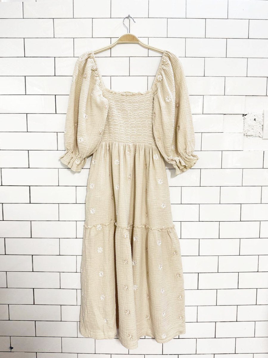 daisy smocked gauze cotton tiered puff sleeve midi dress - good market thrift store