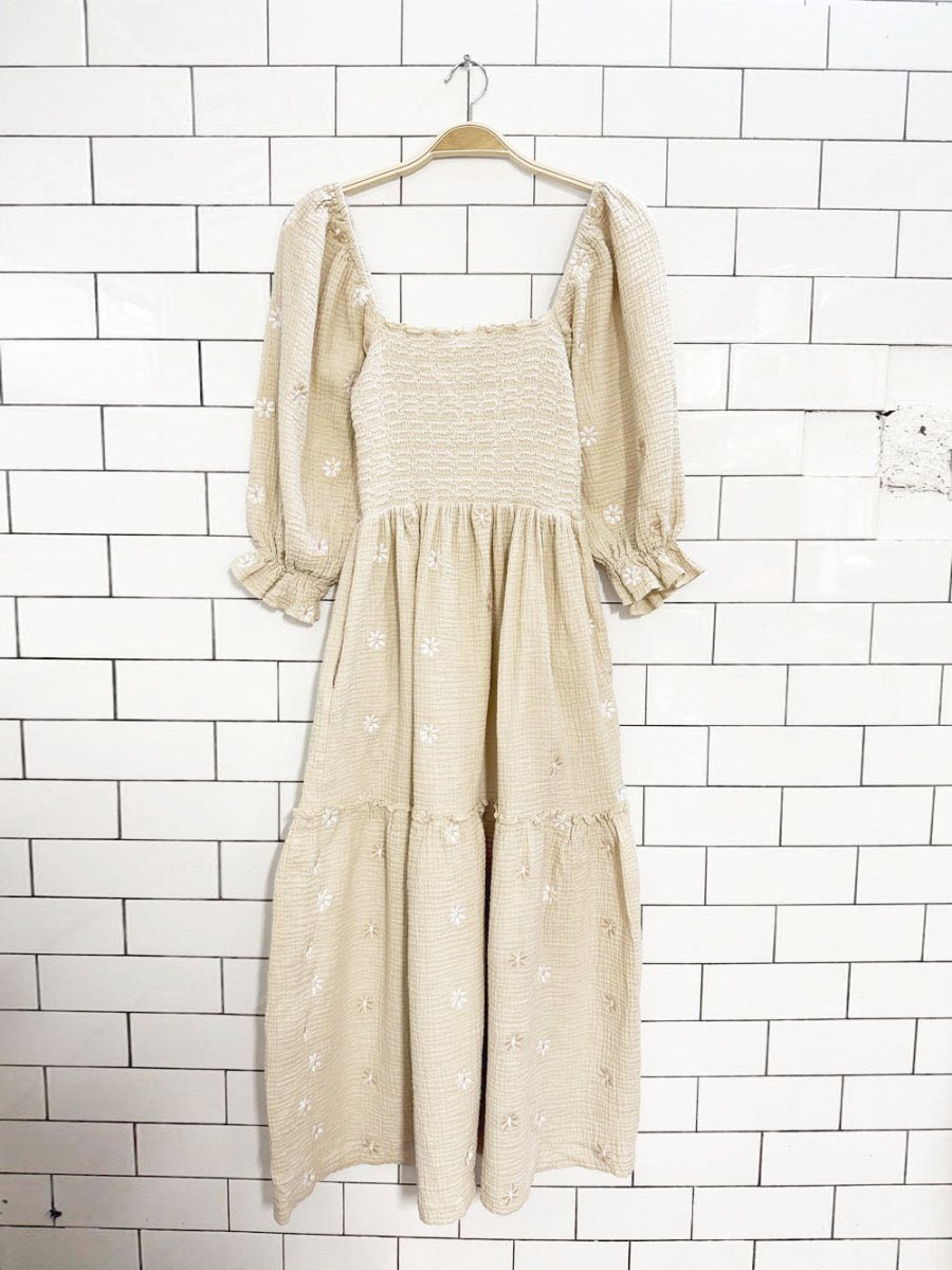 daisy smocked gauze cotton tiered puff sleeve midi dress - good market thrift store