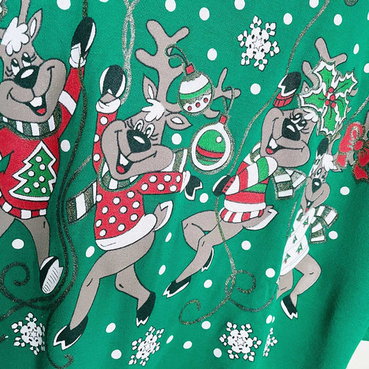 vintage jenna lane ny dancing reindeer graphic holiday crew - size medium