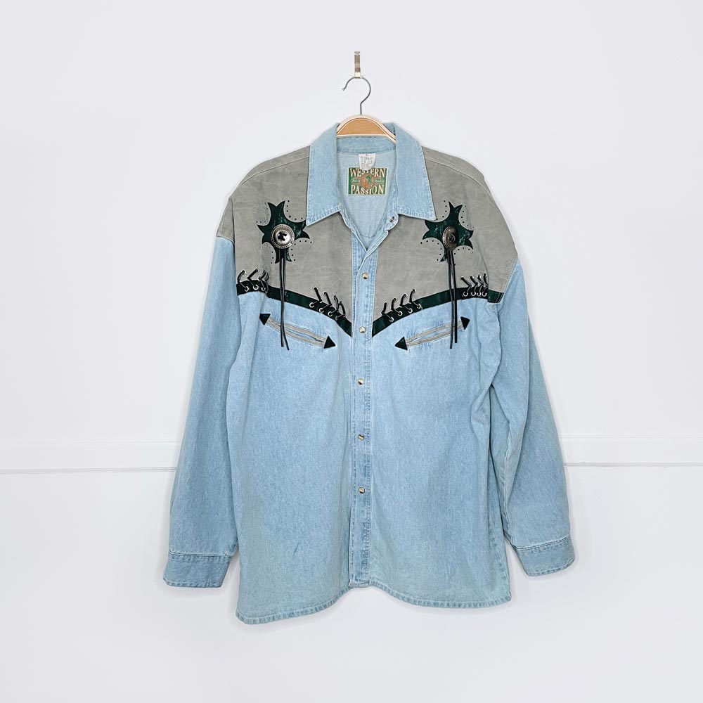 vintage 90s western passion concho + braided trim denim shirt