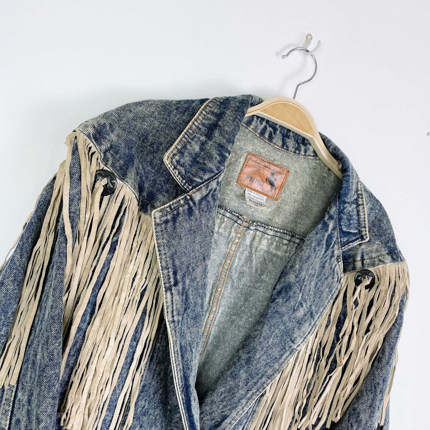vintage 80s prezzia suede fringe denim jacket - size medium