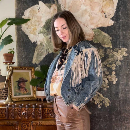 vintage 80s prezzia suede fringe denim jacket - size medium