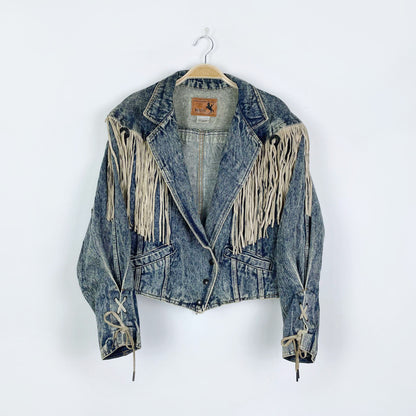 vintage 80s prezzia suede fringe denim jacket - size medium