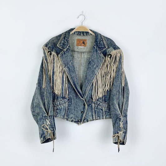 vintage 80s prezzia suede fringe denim jacket - size medium