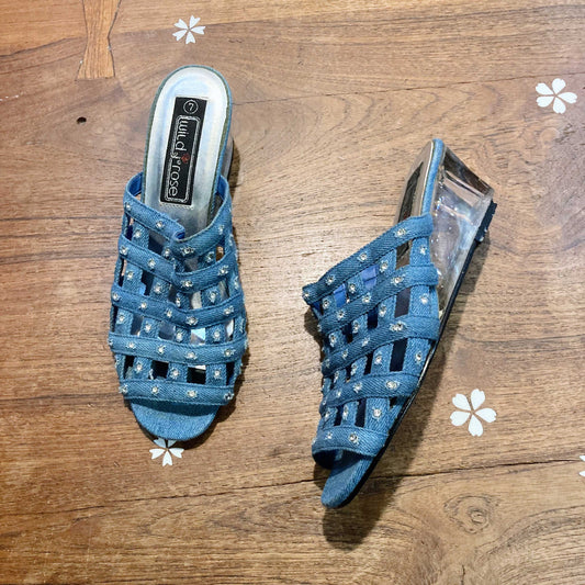 y2k wild rose denim mesh lucite wedge heels - size 7
