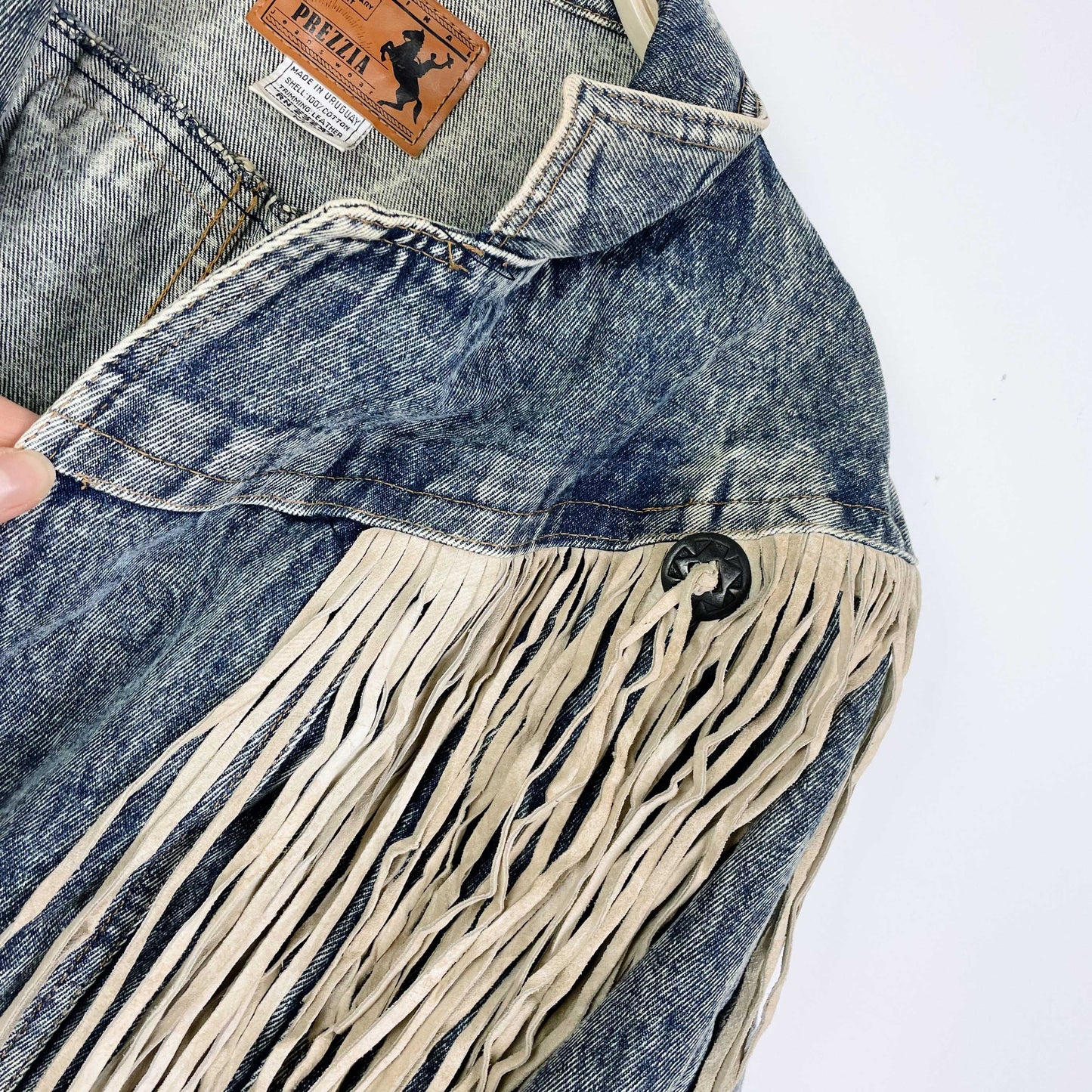 vintage 80s prezzia suede fringe denim jacket - size medium