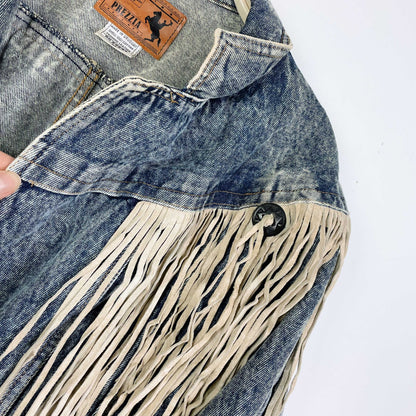 vintage 80s prezzia suede fringe denim jacket - size medium