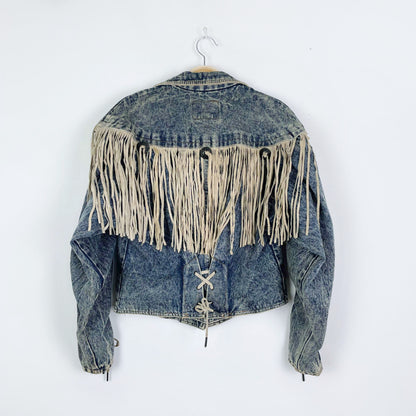 vintage 80s prezzia suede fringe denim jacket - size medium