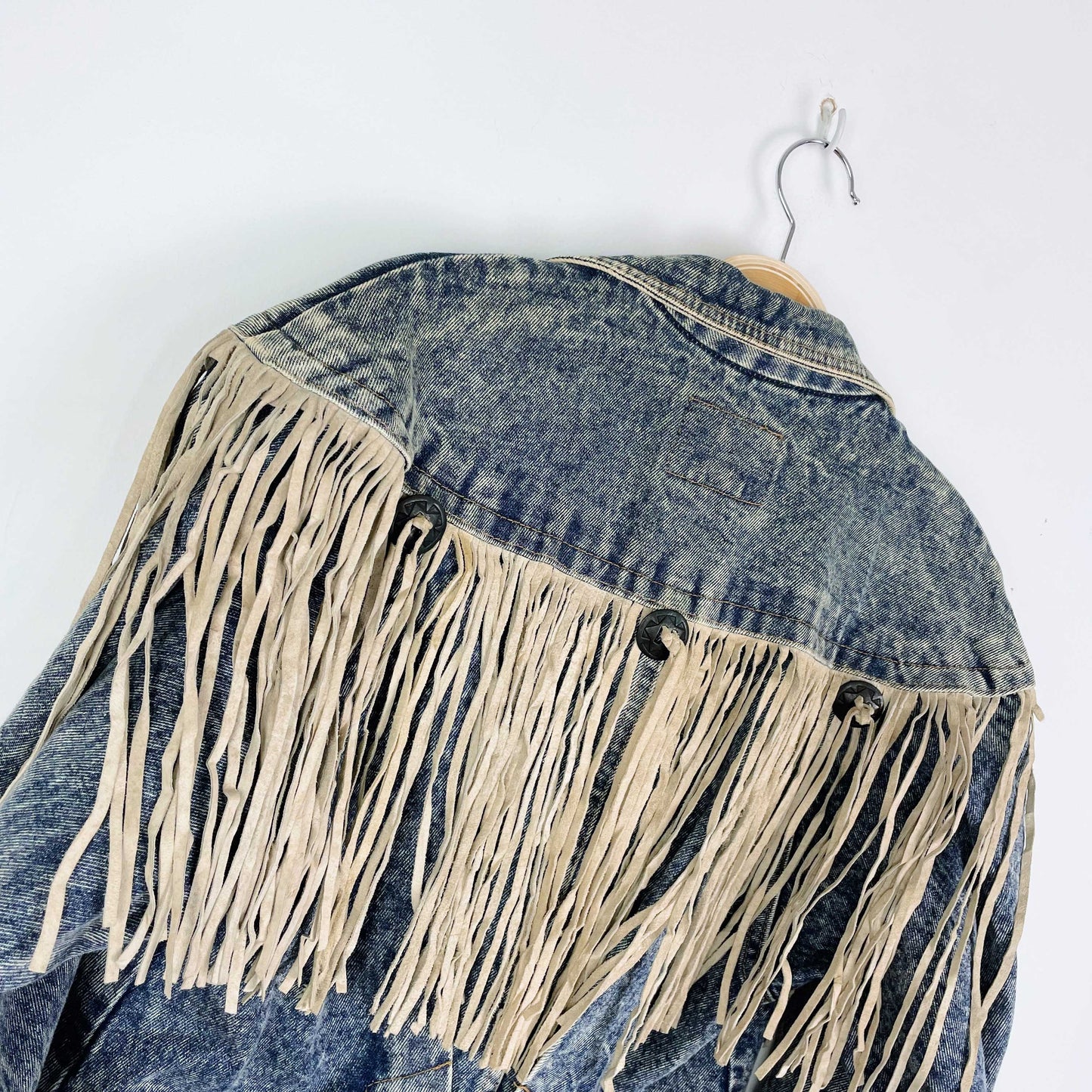 vintage 80s prezzia suede fringe denim jacket - size medium