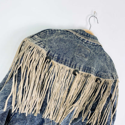 vintage 80s prezzia suede fringe denim jacket - size medium