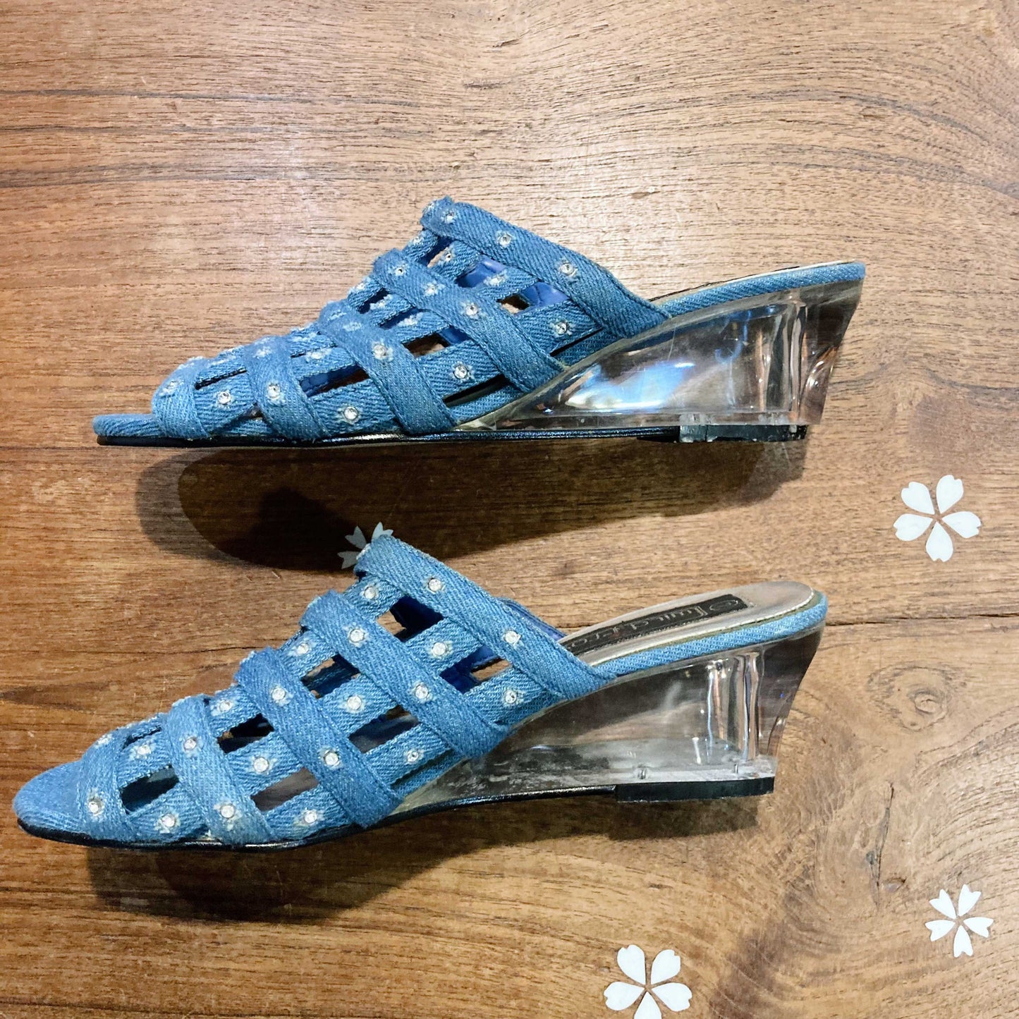 y2k wild rose denim mesh lucite wedge heels - size 7