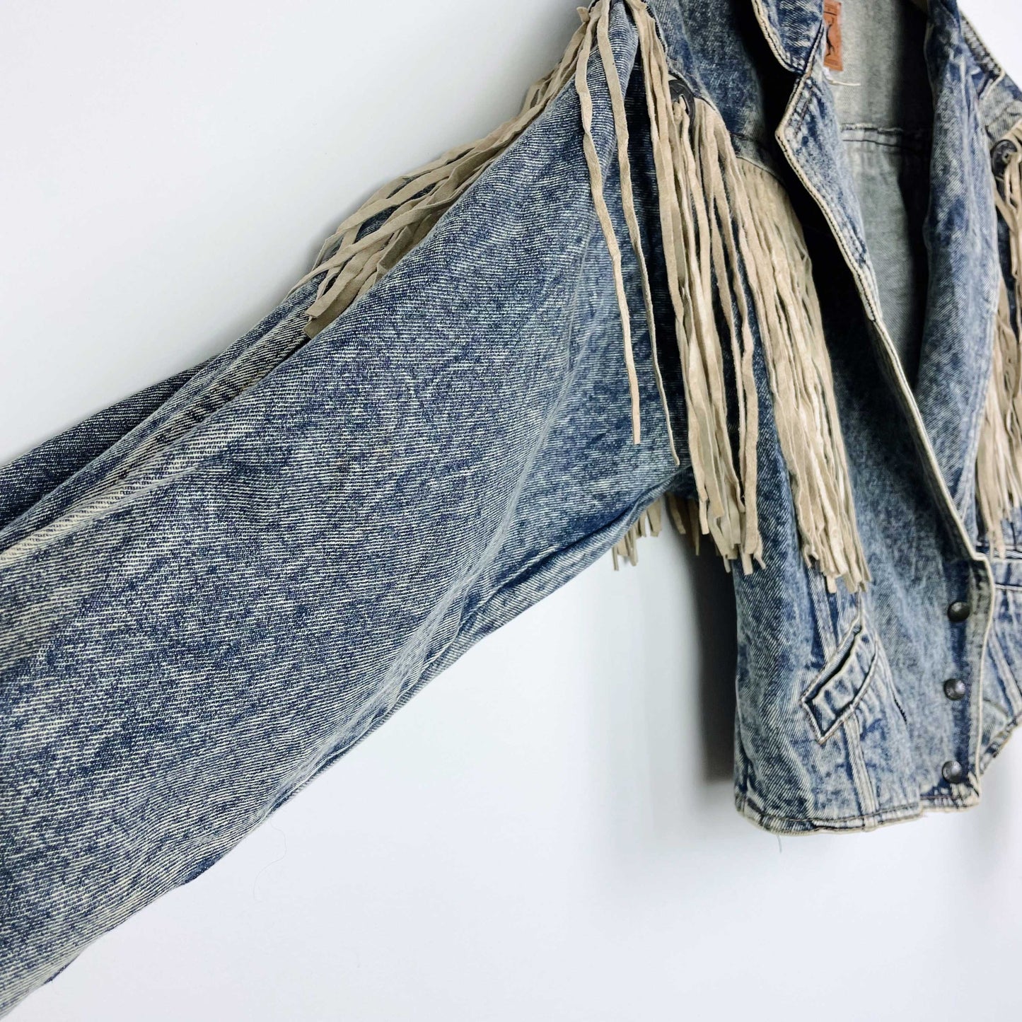 vintage 80s prezzia suede fringe denim jacket - size medium