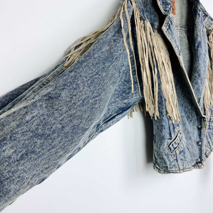 vintage 80s prezzia suede fringe denim jacket - size medium