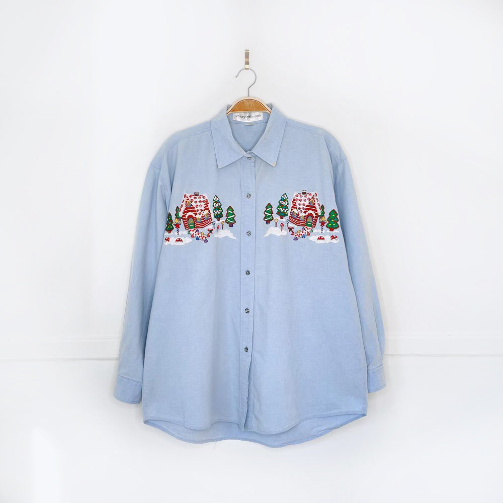 vintage casey coleman embroidered gingerbread house shirt
