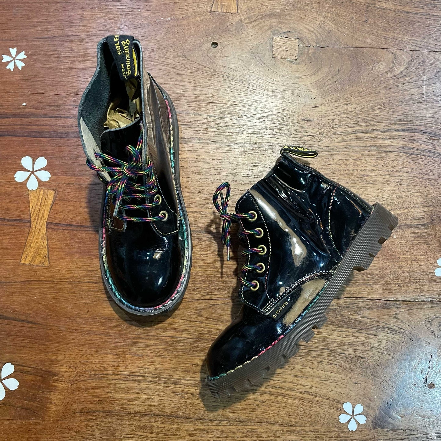 doc martens black patent rainbow stitch boots - size 1