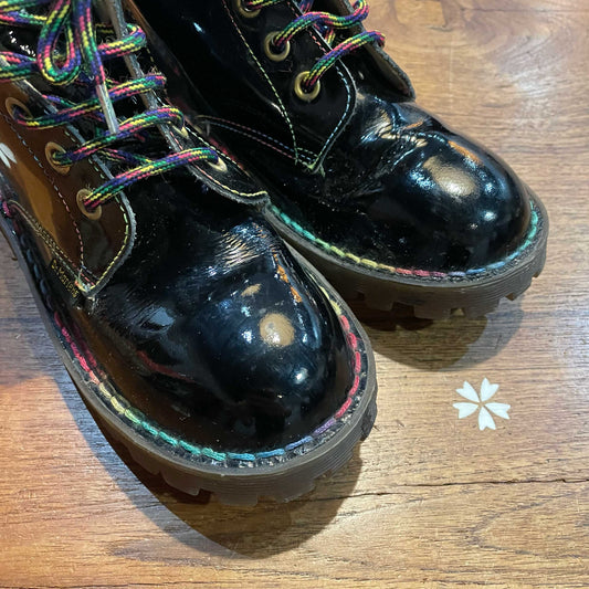 doc martens black patent rainbow stitch boots - size 1