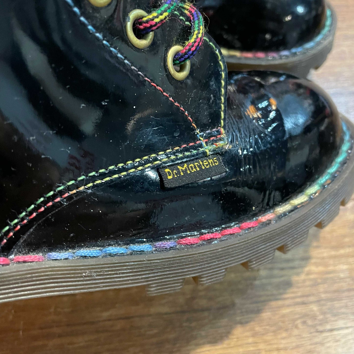doc martens black patent rainbow stitch boots - size 1