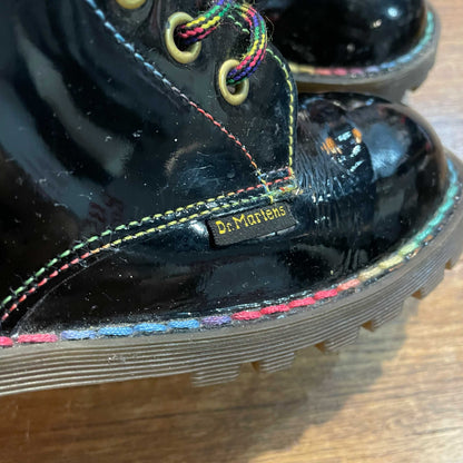 doc martens black patent rainbow stitch boots - size 1