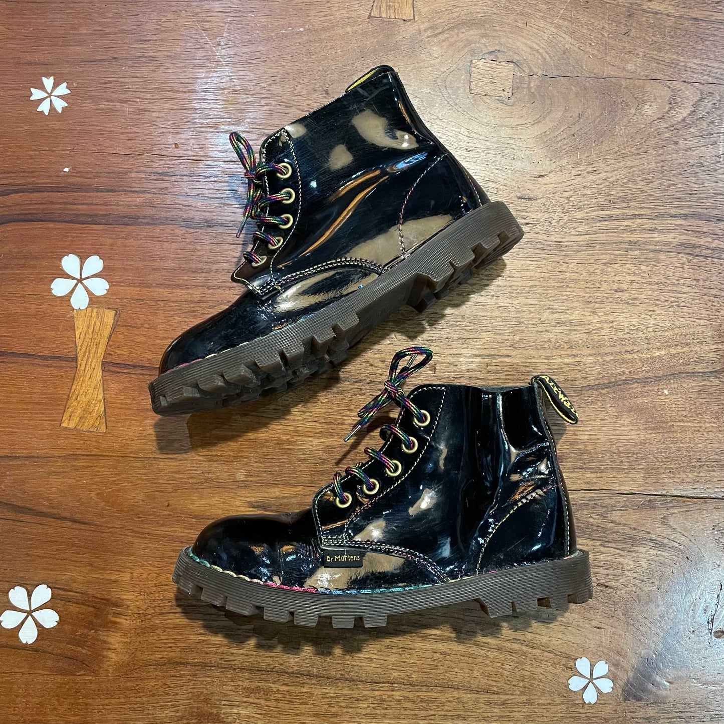 doc martens black patent rainbow stitch boots - size 1