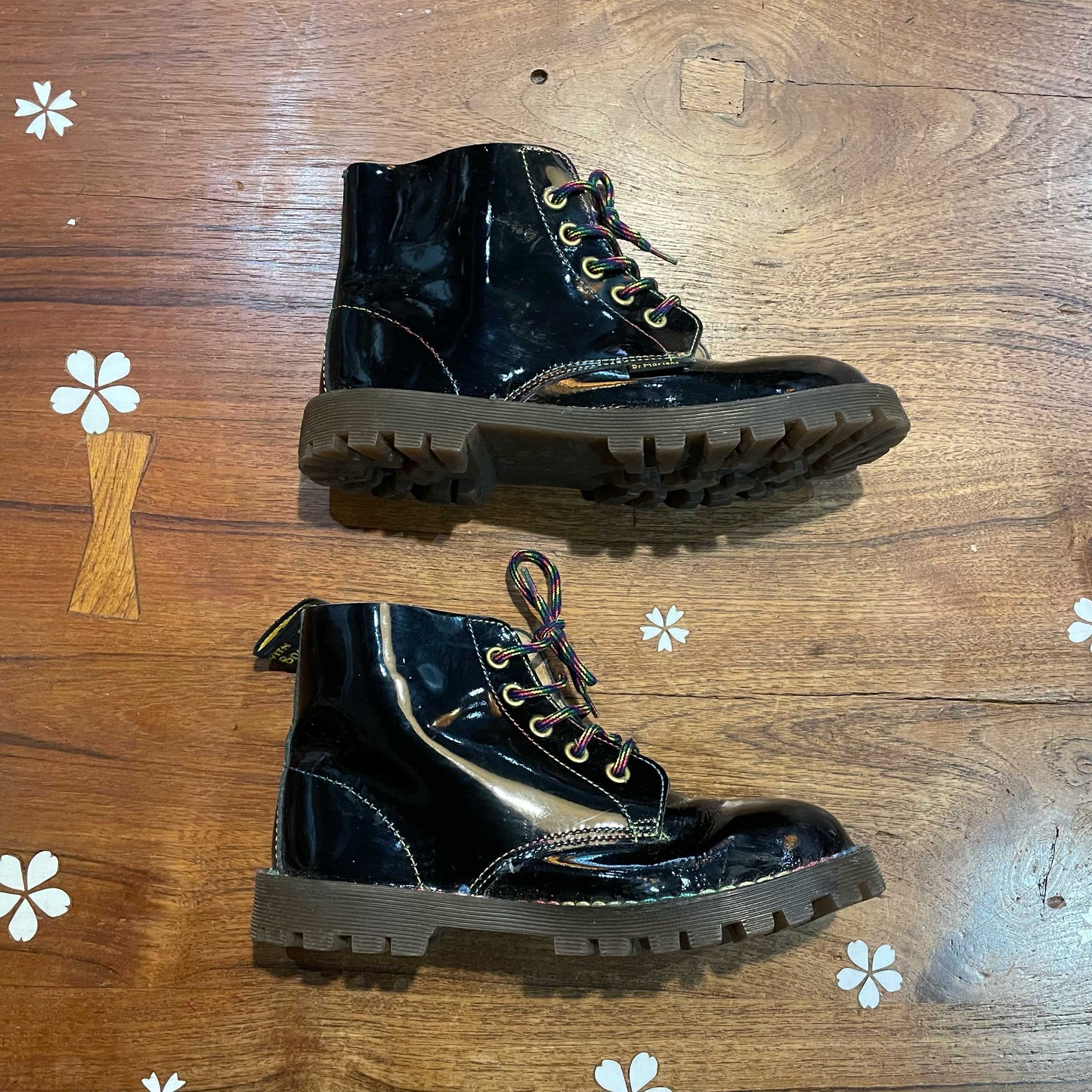 doc martens black patent rainbow stitch boots - size 1