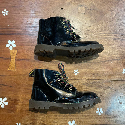 doc martens black patent rainbow stitch boots - size 1