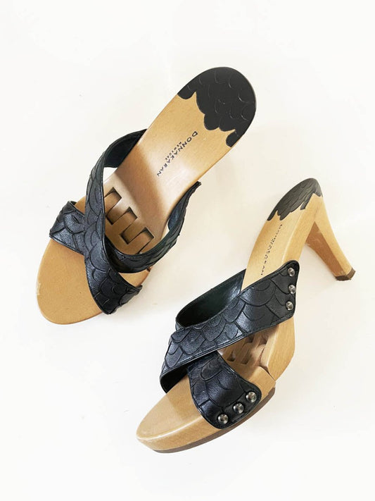 donna karan new york leather wood clog heeled sandals - good market thrift store