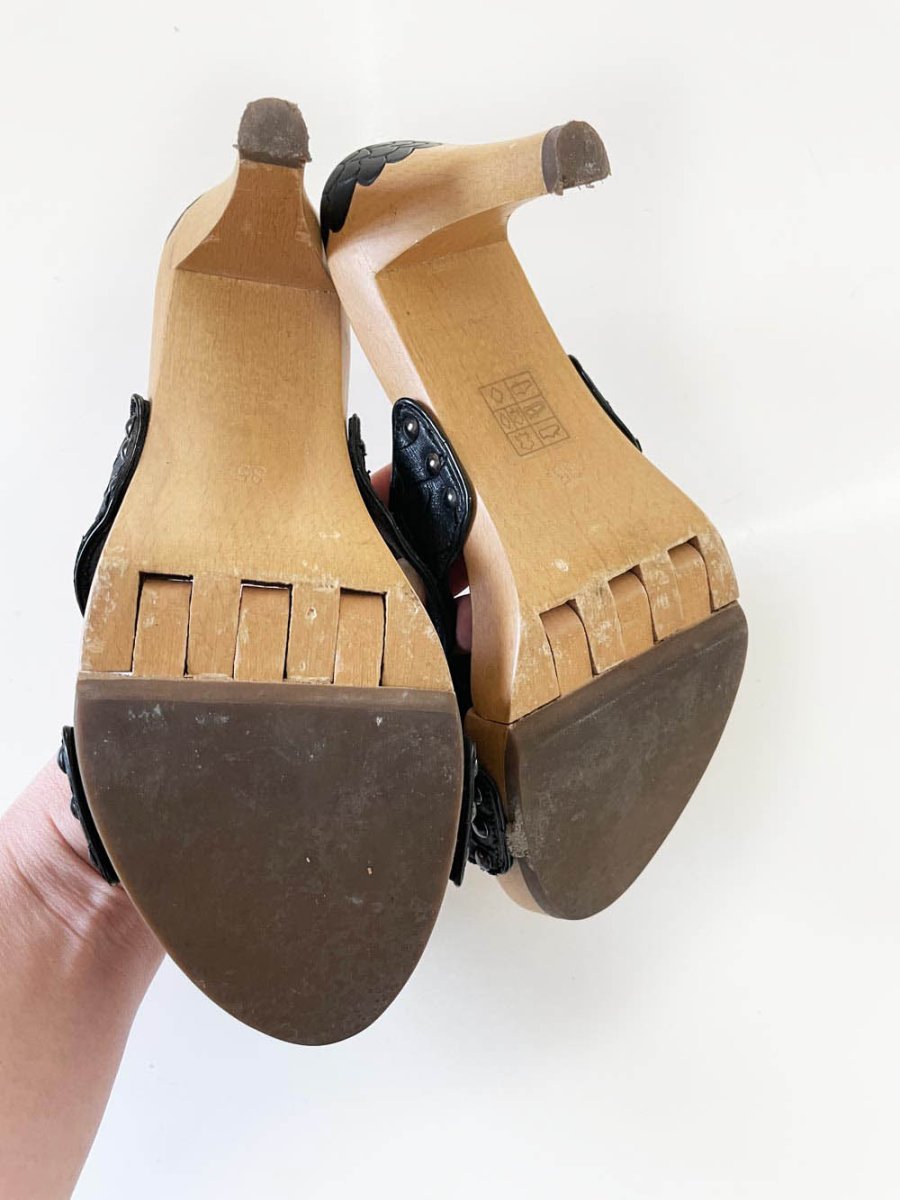 donna karan new york leather wood clog heeled sandals - good market thrift store