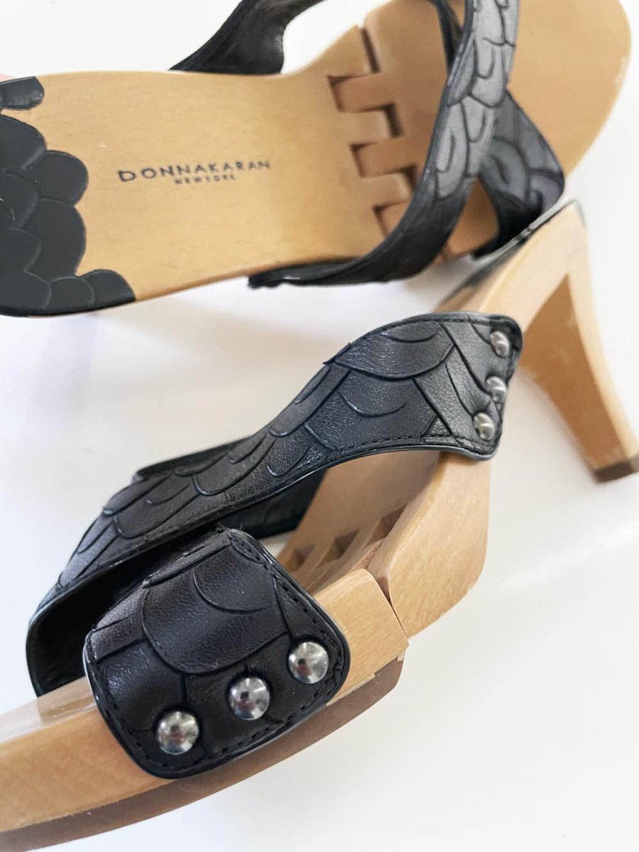 donna karan new york leather wood clog heeled sandals - good market thrift store