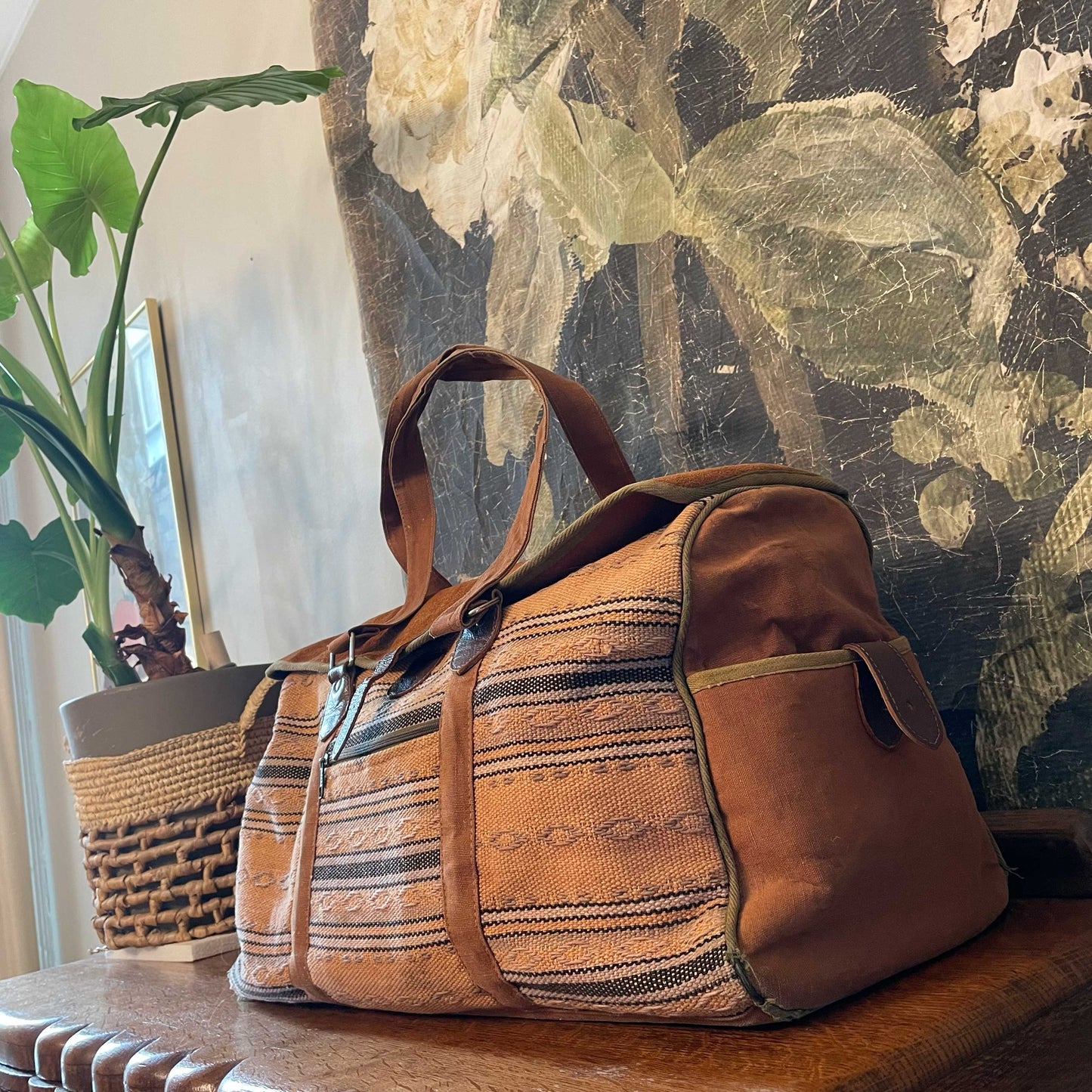 vintage woven kilim suede western duffle bag
