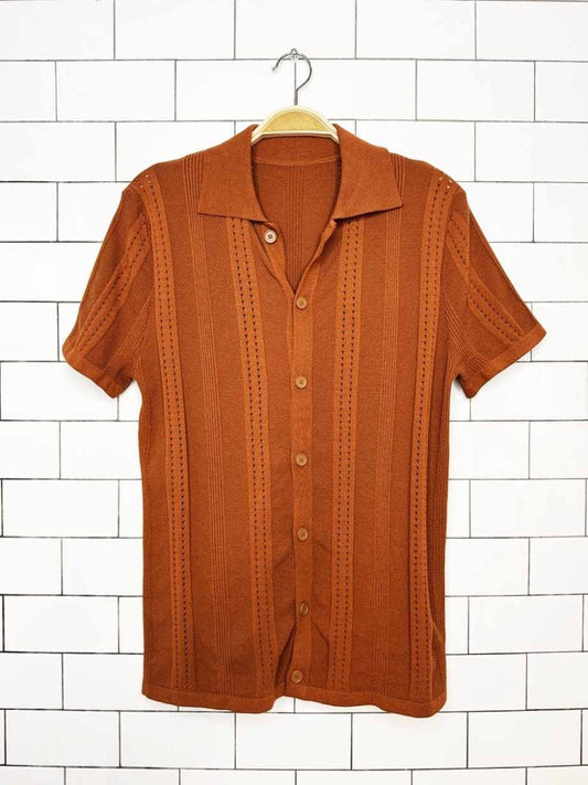 earth tone pointelle knit full button cabana shirt - good market thrift store