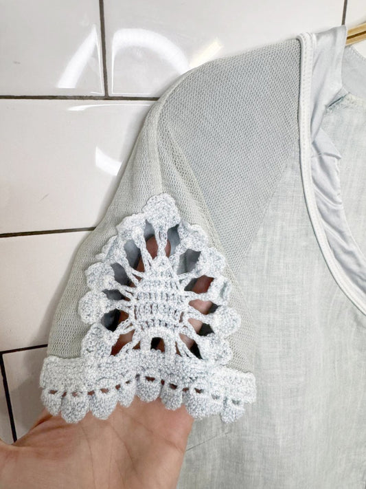 elisa cavaletti linen crochet sleeve full button shirt - good market thrift store